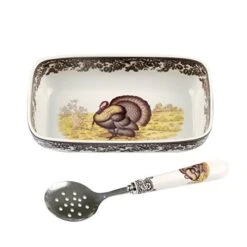 Spode Woodland Turkey Cranberry Dish With Slotted Spoon | Cranberry Sauce Serving Dish For Thanksgiving | Made From Fine Porcelain | Dish Is Microwave And Dishwasher Safe