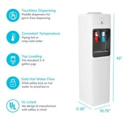 A1WATERCOOLER A1 Top Loading Cooler Dispenser, Hot & Cold Water, Child Safety Lock, Innovative Slim Design, Holds 3 Or 5 Gallon Bottles-UL/Energy Star Approved, White -Peugeot Shop 41AU1UrsCQL