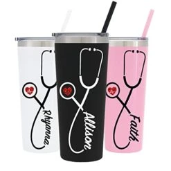 22 Oz Nurse Personalized Stainless Steel Tumbler With Custom Stethoscope Vinyl Decal By Avito - Includes Straw And Lid - Nurse RN - Nurse Gift
