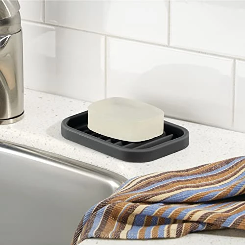 Silicone Kitchen Sink Storage Organizer Holder Tray For Sponges, Soap, Scrubber - Ribbed Base, Quick Dry, Waterproof, Non-Slip, Durable, Heat Resistant - Linelle Collection, 2 Pack, Black 2 Silicone Kitchen Sink Storage Organizer Holder Tray For Sponges, Soap, Scrubber - Ribbed Base, Quick Dry, Waterproof, Non-Slip, Durable, Heat Resistant - Linelle Collection, 2 Pack, Black - Image 2