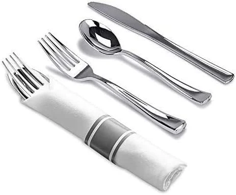 Pre-Rolled Napkin And Cutlery Set - White Napkins And Silver Heavy-Weight Plastic Silverware With Napkin Band Set - 30-Pack 11 Pre-Rolled Napkin And Cutlery Set - White Napkins And Silver Heavy-Weight Plastic Silverware With Napkin Band Set - 30-Pack - Image 11