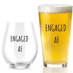 Engaged AF Wine Glass And Beer Glass Set - Funny Mr And Mrs Engagement Or Wedding - Great For Couples, Newlyweds, And Anniversaries