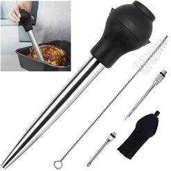 Stainless Steel Turkey Baster Commercial Grade Quality Silicone Bulb Including 2 Marinade Injector Needles And Basting Brush