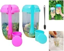 Zkosieng 2022 Keep Fit Salad Meal Shaker Cup With Fork And Dressing Holder, Fresh Washing Brush, Health Container, Portable Vegetable Breakfast To Take Away. (E-Pink+Green), 7.48×4.33×4.33in -Peugeot Shop 41CkDaNNKML. AC
