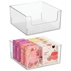 Modern Wide Plastic Open Front Dip Storage Organizer Bin Basket For Kitchen Organization - Shelf, Cupboard, Cabinet, And Pantry Organizing Decor - Ligne Collection - 2 Pack - Clear