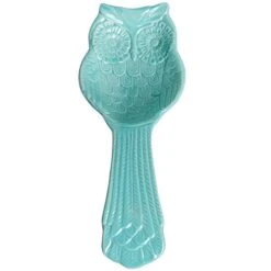 ® Aqua Blue Ceramic Spoon Rest With Owl Design, Countertop Cooking Spoon And Ladle Holder