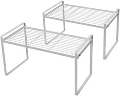 Shantton 2 Pack Kitchen Cabinet Shelf Counter Organizer Rack Pantry Storage Bathroom Bedroom Office Table Desk Space Saving Steel Frame Stackable Rust Resistant Non Slip White -Peugeot Shop 41CyeXlF41L. AC