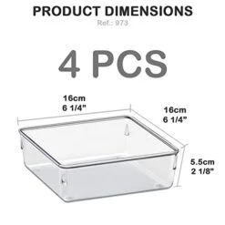 Desk Drawer Organizer Box Tray Storage Bins Modular Divider For Home, Kitchen, Office And Storage (Clear Crystal Plastic) (4 Pack - 6.25" X 6.25" X 2.13")