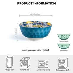 Ceramic Cereal, Soup Bowls Set Of 6-25 Oz Deep Colorful Porcelain Serving Bowls For Dinner, Pasta, Salad, Oatmeal - Bohemian Style