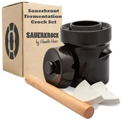 SAUERKROCK Fermentation Crock Jar 2 Liter In Traditional Brown - Stoneware Sauerkraut Crock For Fermenting Or Pickling Kimchi, Sauerkraut, Pickles, Vegetables, Kombucha - 1/2 Gallon Ceramic Fermenter With Fully Glazed Weights, Lid, And Pounder