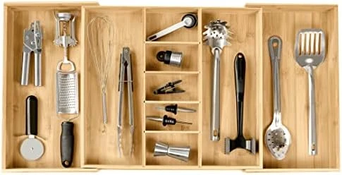 Adjustable Kitchen Drawer Organizer For Utensils And Junk, Expandable To 28 Inches Wide, 9 Compartments, 100% Bamboo 4 Adjustable Kitchen Drawer Organizer For Utensils And Junk, Expandable To 28 Inches Wide, 9 Compartments, 100% Bamboo - Image 4