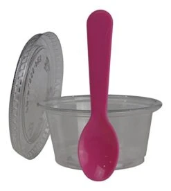 Disposable Clear 2oz Plastic Condiment Cups With Lids And 3" Sampling Spoons, Souffle Portion, Jello Shot Cups, Dessert, Sample Cups (200 Count, Pink Tasting Spoons)