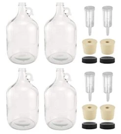 - 1G-38-ST-3P-4 1 Gallon Glass Fermenting Jug With Handle, 6.5 Rubber Stopper, 3-Piece Airlock, Black Plastic Lid - Set Of 4