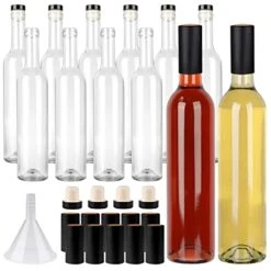 GUANENA 12 Pack 16oz Clear Glass Bottles With Cork Lids And PVC Shrink Capsules, 500 Ml Empty Home Brewing Wine Bottles With Funnel For Sparkling Wine, Juice, Kombucha, Beverages