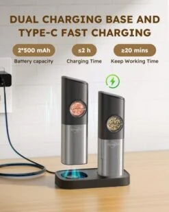 [Upgraded Larger Capacity] Sangcon Gravity Electric Salt And Pepper Grinder Set - USB Rechargeable With Dual Charging Base - Automatic One Hand Operation - Adjustable Coarseness & LED Light Refillable -Peugeot Shop 41FJYX0UzvL