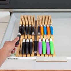 Bamboo Knife Drawer Organizer Insert - Kitchen Storage Holder For [18~26 Knives & 1~2 Honing Steel] Organization - Saves Countertop Space & Made Of Premium Quality Moso Bamboo -Peugeot Shop 41FKiksWHQS