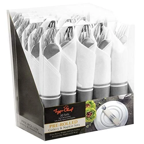 Pre-Rolled Napkin And Cutlery Set - White Napkins And Silver Heavy-Weight Plastic Silverware With Napkin Band Set - 30-Pack 1 Pre-Rolled Napkin And Cutlery Set - White Napkins And Silver Heavy-Weight Plastic Silverware With Napkin Band Set - 30-Pack