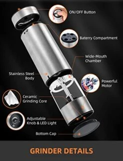 Electric Salt And Pepper Grinder Set Battery Operated, Automatic Refillable Stainless Steel Salt Grinder, 70ml Pepper Container, One Hand Operation, LED Light, Adjustable Coarseness, 2 Pack -Peugeot Shop 41FuiTboaCL