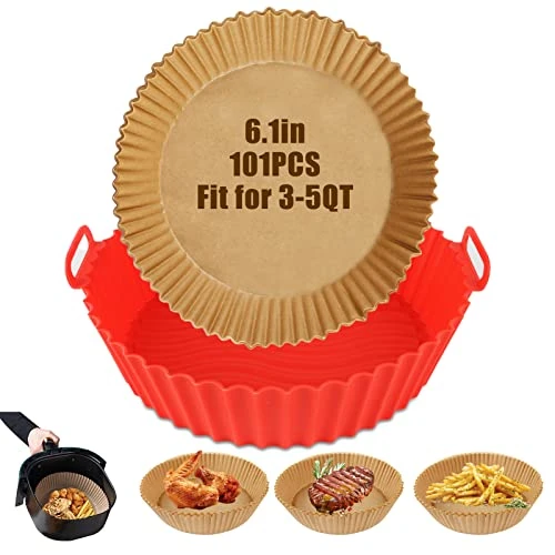 Air Fryer Liners Set, 100PCS Parchment Paper Disposable + 1PC Silicone Air Fryer Liner Reusable For Easy Bake Oven And Roaster (6.1inch, Round) 1 Air Fryer Liners Set, 100PCS Parchment Paper Disposable + 1PC Silicone Air Fryer Liner Reusable For Easy Bake Oven And Roaster (6.1inch, Round)