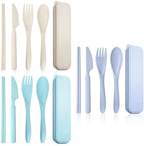 Reusable Portable Travel Utensils Silverware Forks Spoons Knives & Chopsticks, Set Of 3 For Camping Wheat Straw Plastic With Storage Case (Beige/Blue/Green) 8 Reusable Portable Travel Utensils Silverware Forks Spoons Knives & Chopsticks, Set Of 3 For Camping Wheat Straw Plastic With Storage Case (Beige/Blue/Green) - Image 8
