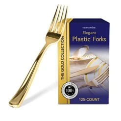 125 Disposable Heavy Duty Plastic Forks, Fancy Plastic Silverware Looks Like Real Cutlery - Utensils Perfect For Catering Events, Restaurants, Parties And Weddings (Gold)