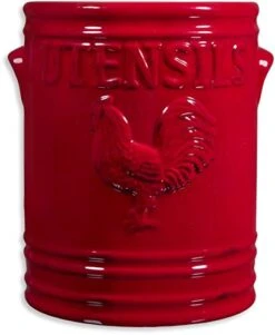 Kitchen Utensil Holder For Countertop - Large 7” Rustic Ceramic Utensil Crock - Dishwasher-Friendly Rooster Cooking Utensil Organizer Caddy For Farmhouse Kitchen Decor .red
