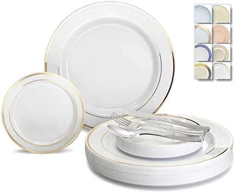 " OCCASIONS " 600 Pcs Set & 120 Guest Wedding Disposable Plastic Plate & Silverware Combo Set (Ivory & Gold Rim Plates, Gold Silverware) 6 " OCCASIONS " 600 Pcs Set & 120 Guest Wedding Disposable Plastic Plate & Silverware Combo Set (Ivory & Gold Rim Plates, Gold Silverware) - Image 6