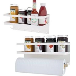 Magnetic Spice Rack For Refrigerator,Magnetic Paper Towel Holder,Heave Duty Spice Storage For Fridge,Magnetic Shelf For Kitchen Organizer (White, 2 Pack Combination Set)