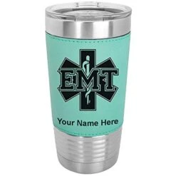 20oz Vacuum Insulated Tumbler Mug, EMT Emergency Medical Technician, Personalized Engraving Included (Faux Leather, Teal)