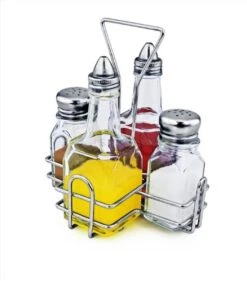 22209 Holder With 2 Square Salt And Pepper Shakers And 2 Oil And Vinegar Cruets (Clear, 5 OZ)