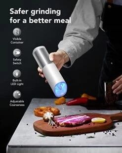 Gravity Electric Salt And Pepper Grinder Set Battery Operated, Adjustable Coarseness, Blue LED Light, One Hand Automatic Operation, Stainless Steel Classic Black & White, 2 Mills
