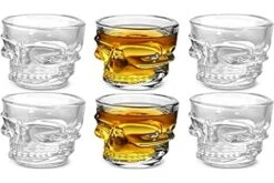 Skull Face Heavy Base Whiskey Shot Glasses, Set Of 6, Party Home And Entertainment Dining Beverage Drinking Glassware For Brandy, Liquor, Bar Decor, Jello Cups, 1.75 Oz, Clear
