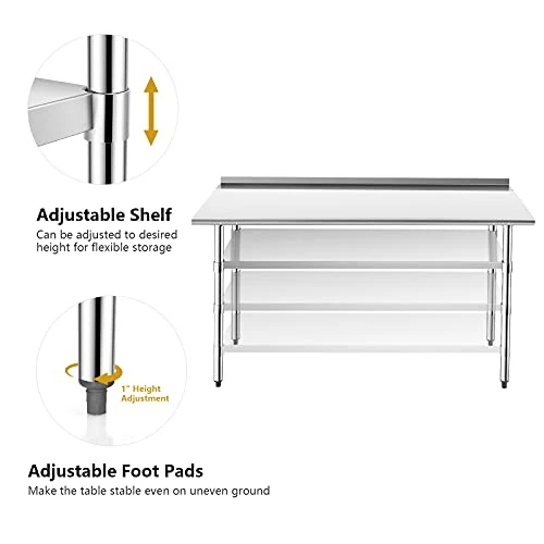 60x24 Inches Stainless Steel Table With Backsplash, Metal Commercial Kitchen Table For Prep & Work With Adjustable Undershelf, Heavy-Duty Prep Table 3 60x24 Inches Stainless Steel Table With Backsplash, Metal Commercial Kitchen Table For Prep & Work With Adjustable Undershelf, Heavy-Duty Prep Table - Image 3