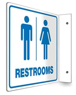 "Restrooms", 90D Projection Sign, 8" X 8" Panel, 0.10" Thick High-Impact Plastic, Pre-Drilled Mounting Holes, Blue On White