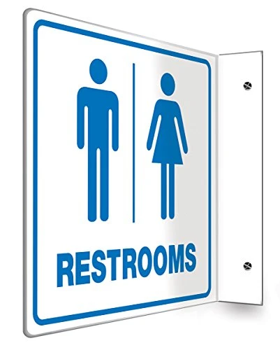 "Restrooms", 90D Projection Sign, 8" X 8" Panel, 0.10" Thick High-Impact Plastic, Pre-Drilled Mounting Holes, Blue On White 1 "Restrooms", 90D Projection Sign, 8" X 8" Panel, 0.10" Thick High-Impact Plastic, Pre-Drilled Mounting Holes, Blue On White