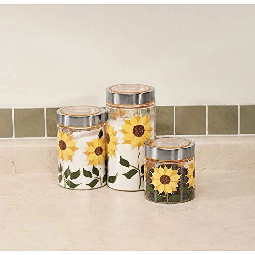 CUTIMAO Walter Drake Sunflower Canisters, Set Of 3 In Different Sizes, Clear Glass With Painted Design & Metal Lids 2 CUTIMAO Walter Drake Sunflower Canisters, Set Of 3 In Different Sizes, Clear Glass With Painted Design & Metal Lids - Image 2