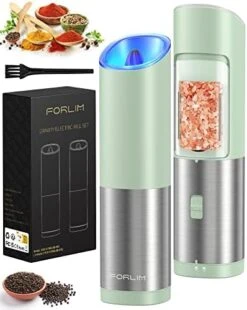 Gravity Electric Salt And Pepper Grinder Set Battery Operated, Adjustable Coarseness, Blue LED Light, One Hand Automatic Operation, Stainless Steel Classic Black & White, 2 Mills -Peugeot Shop 41Jn342yV8L. AC
