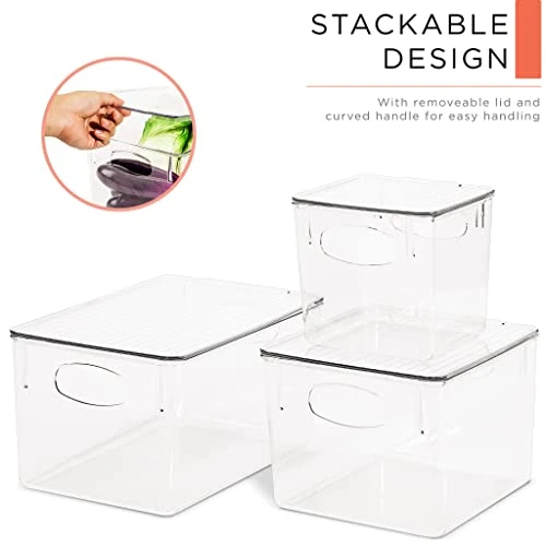 3 Pack Premium Plastic Storage Bins - Sturdy Refrigerator Pantry Organizer - Versatile Lightweight Stackable Cabinet Organization - Bath, Makeup, Food, & Snack Packet Organizer- Clear Square Bin 3 3 Pack Premium Plastic Storage Bins - Sturdy Refrigerator Pantry Organizer - Versatile Lightweight Stackable Cabinet Organization - Bath, Makeup, Food, & Snack Packet Organizer- Clear Square Bin - Image 3