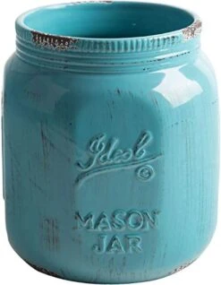 Extra-Large Kitchen Utensil Holder - 7.8β Mason Jar Ceramic Kitchenware Caddy For Farmhouse Kitchen Decor, Dishwasher Safe, Wide Opening Vintage Utensil Crock Countertop Organizer - Aqua
