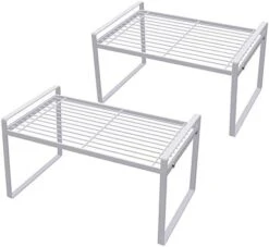 Shantton 2 Pack Kitchen Cabinet Shelf Counter Organizer Rack Pantry Storage Bathroom Bedroom Office Table Desk Space Saving Steel Frame Stackable Rust Resistant Non Slip White -Peugeot Shop 41Kb20w5x1L. AC