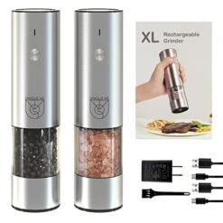 Rechargeable Salt And Pepper Grinder Set - Electric Salt And Pepper Grinder - Electric Pepper Mill Spice Grinder (46 G Spice Holder) Stainless Steel Adjustable Coarseness LED Light