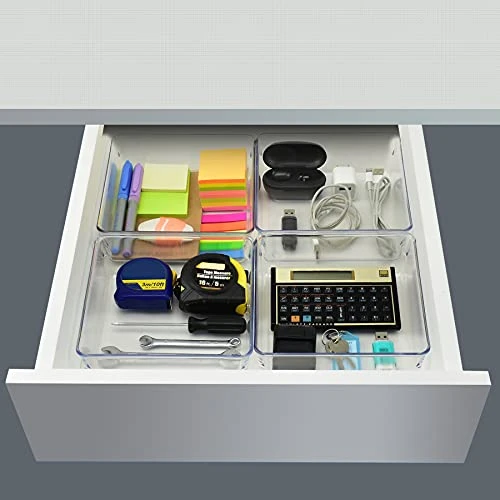Desk Drawer Organizer Box Tray Storage Bins Modular Divider For Home, Kitchen, Office And Storage (Clear Crystal Plastic) (4 Pack - 6.25" X 6.25" X 2.13") 2 Desk Drawer Organizer Box Tray Storage Bins Modular Divider For Home, Kitchen, Office And Storage (Clear Crystal Plastic) (4 Pack - 6.25" X 6.25" X 2.13") - Image 2