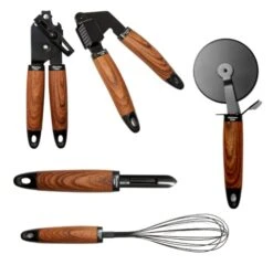Phantom Chef 5 Piece Kitchen Gadget Set | Pizza Cutter, Egg Whisk, Vegetable Peeler, Can Opener, Garlic Press | Stainless Steel | With Soft Touch Faux Wood Handle | 5 Pcs Cooking Utensil Set (Black)
