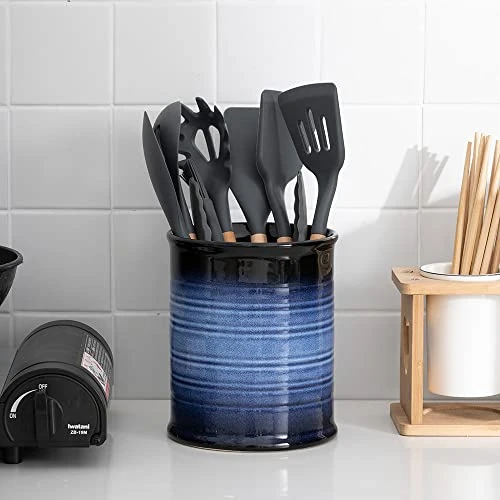 Nihow Kitchen Utensil Holder: 7.2 Inch Extra Large Ceramic Utensil Holder For Countertop - Stable Utensil Crock For Kitchen Counter Decor - Elegant Blue & Black (1PC) 4 Nihow Kitchen Utensil Holder: 7.2 Inch Extra Large Ceramic Utensil Holder For Countertop - Stable Utensil Crock For Kitchen Counter Decor - Elegant Blue & Black (1PC) - Image 4