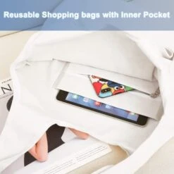 CGBE Canvas Tote Bags With Inner Pocket Reusable Grocery Bags Bulk Reusable Shopping Bags Large Capacity Machine Washable -Peugeot Shop 41LwqdpC7cL