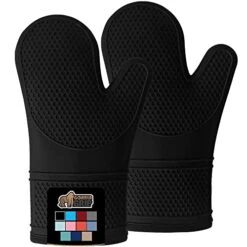 Heat And Slip Resistant Silicone Oven Mitts Set, Soft Cotton Lining, Waterproof, BPA-Free, Long Flexible Thick Gloves For Cooking, BBQ, Kitchen Mitt Potholders, Sets Of 2, 12.5 In, Black