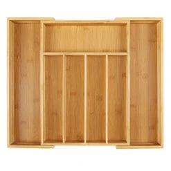 Bamboo Cutlery Tray Silverware, Drawer Dividers For Kitchen Utensils, Flatware Tray Drawer Insert For Knives, Gadgets And Garage Tools, Office Supplies, (11.5"-18") W X 15" H X 2.4“D (Small)