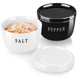 Farmhouse Salt And Pepper Bowls Set, ALELION Salt Cellar With Lid, 10 Oz Salt And Pepper Container For Countertop, Black And White Modern Farmhouse Kitchen Decor, House Warming Gifts New Home, 2 Pcs