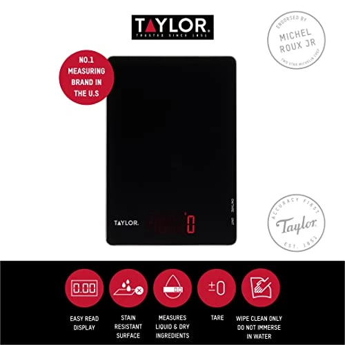 Taylor Pro Digital Ultra Thin Kitchen Food Scales, Compact Slimline Professional Standard With Tare Feature And Precision Accuracy, Black Glass, Weighs 5 Kg Capacity 2 Taylor Pro Digital Ultra Thin Kitchen Food Scales, Compact Slimline Professional Standard With Tare Feature And Precision Accuracy, Black Glass, Weighs 5 Kg Capacity - Image 2