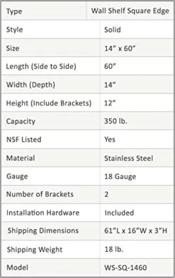 Stainless Steel Wall Shelf | Square Edge | Heavy Duty | Commercial Grade | Wall Mount | NSF Certified (14" Width X 60" Length) -Peugeot Shop 41M7BPxLrWL